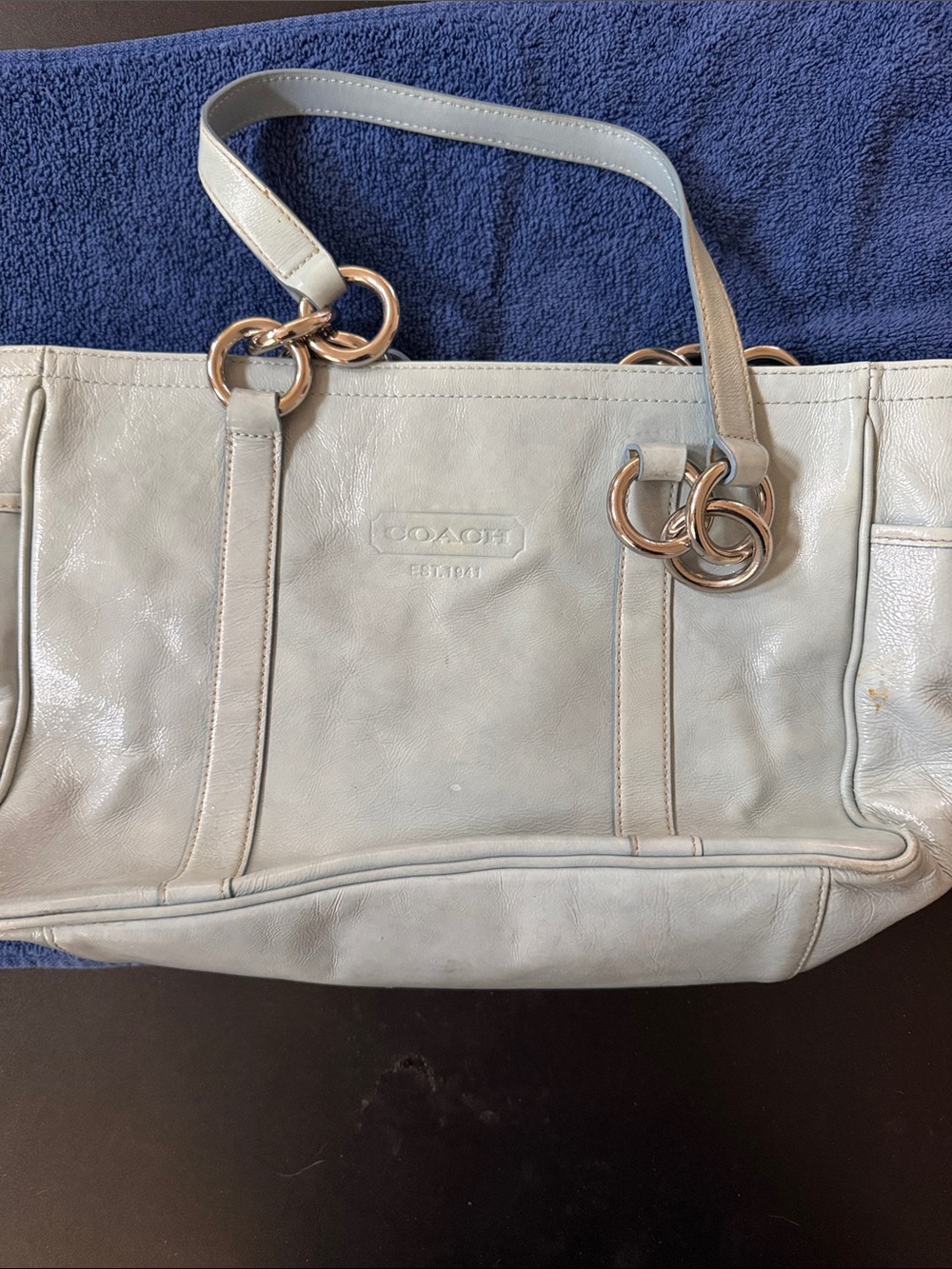 Coach Light Blue Leather Tote with Silver Ring Hardware
